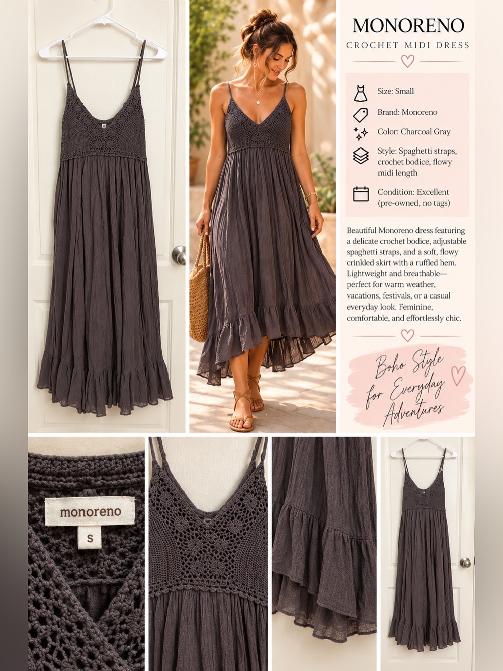 Monoreno Charcoal Crochet Spaghetti-Strap Midi Dress